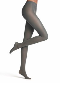 Graue Strumpfhosen mit glatter Textur, halbtransparentem Finish und hohem Bund, dargestellt mit einem Bein erhöht und über das andere gekreuzt.