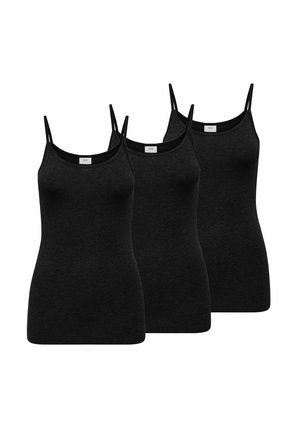 Drei schwarze ärmellose Camisole-Shirts mit dünnen Trägern, nebeneinander auf weißem Hintergrund dargestellt.