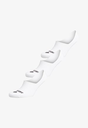 Weiße No-Show-Socken aus weichem Stoff, nahtlosem Design und mit schwarzem Logo-Detail. Ideal für unauffälliges Tragen mit verschiedenen Schuhen.