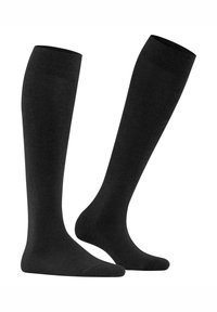 Mustad põlveni ulatuvad sokid, valmistatud pehmest ja elastse materjaliga, mis omavad siledat tekstuuri ja soonilist ülaosa disaini. Mustreid ega aksente ei ole nähtaval.