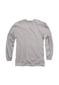 Langärmliges graues T-Shirt aus weichem Stoff, mit Rundhalsausschnitt und elastischen Bündchen, das eine glatte, leicht zerknitterte Textur aufweist.