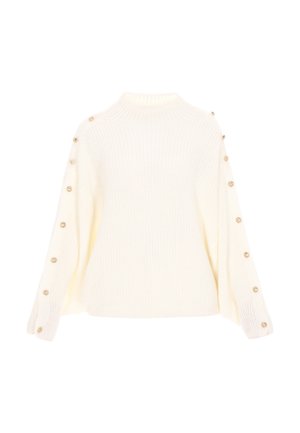 Kremo spalvos raštuota megztinis su aukštu kaklu ir auksinėmis mygtukais, einančiomis abiem rankovėmis.