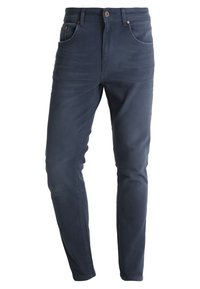 Mangas escuras de jeans slim-fit feitas de tecido misto de algodão. Apresenta cinco bolsos, um fecho de botão e detalhes de costura discretos.