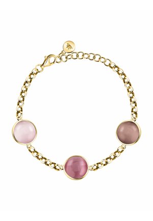 Bracciale a catena d'oro con tre ciondoli rotondi in pietra preziosa rosa di tonalità chiara, media e scura, chiuso con una chiusura a moschettone.