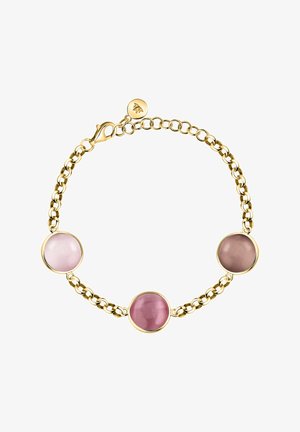 Bracciale a catena d'oro con tre ciondoli rotondi in pietra preziosa rosa di tonalità chiara, media e scura, chiuso con una chiusura a moschettone.