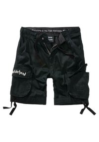 Sorte cargo-shorts med lynlås, to sidelommer og to cargolommer. Venstre lomme har "Motörhead" i hvit tekst. Holdbart stoff.
