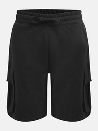 Shorts noirs à taille élastique avec cordon de serrage ajustable et poches cargo latérales, fabriqués en tissu doux.