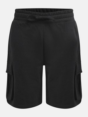 Schwarze Shorts mit elastischem Bund, verstellbarem Kordelzug und seitlichen Cargotaschen, hergestellt aus weichem Stoff.