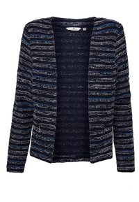 Blazer en maille rayé bleu marine et gris avec manches longues et deux poches avant zippées, design à ouverture frontale.