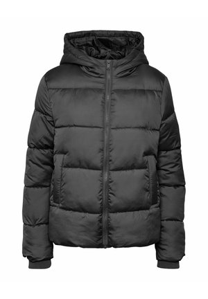 Črna puhaste bunda z zadrgo na sprednji strani, podloženo kapuco, oblazinjenim teksturo, dvema sprednjima žepoma in rebrastimi manšetami.