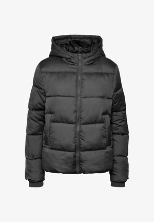 Mustast värvi padi jope lukuga ees, voodriga kapuuts, polsterdatud tekstuur, kaks eesmist taskut ja soonilised mansetid.