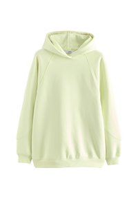 Haut à capuche vert clair en tissu doux, avec une grande capuche, des manches raglan et une coupe décontractée, dotée d'un ourlet et de poignets côtelés.
