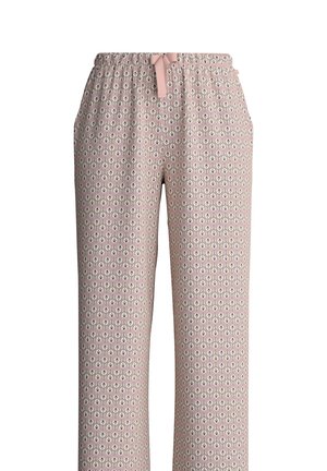 Rosa gemusterte Jogginghosen mit Kordelzug, elastischem Bund und Seitentaschen, mit einem sich wiederholenden geometrischen Muster.