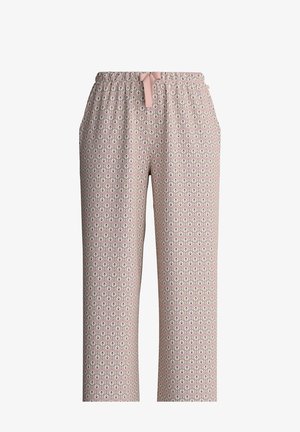 Pink patterned drawstring pants with an elastic waistband and side pockets, featuring a repeating geometric design.