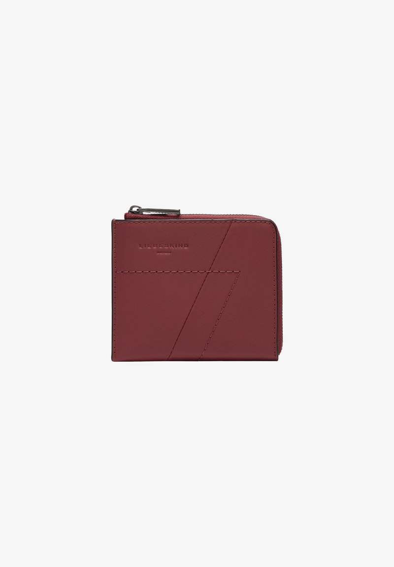 Rotes Lederportemonnaie mit minimalistischen Design, ausgestattet mit geometrischer Naht, geprägtem Logo und einem Reißverschluss für sicheren Zugriff.
