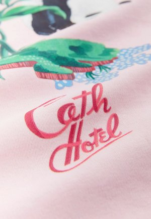 Ilustrácia zelenej žaby a ružový štýlový nápis "Cath Hotel" na svetloružovej látke.