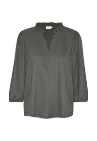 Blusa grigia scura con colletto a balze, maniche arricciate e scollatura a V. Realizzata in tessuto testurizzato con una vestibilità ampia.