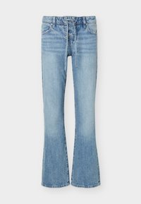 Φαρδιά τζιν σε ανοιχτό μπλε χρώμα με κορδόνι στο μπροστινό μέρος, πέντε τσέπες και θηλιές για ζώνη, με ξεθωριασμένες λεπτομέρειες στους μηρούς και τα γόνατα.