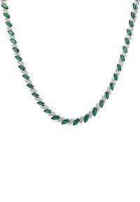 Emerald and diamond necklace featuring marquise-shaped gemstones in green and clear, set in a sleek, polished metal design.