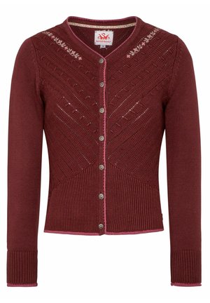 Bordeaux gebreide cardigan met een V-hals, knopen aan de voorkant, ingewikkeld chevronpatroon en een roze rand bij de halslijn en manchetten. Zachte textuur.