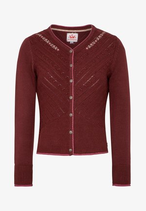 Bordeaux gebreide cardigan met een V-hals, knopen aan de voorkant, ingewikkeld chevronpatroon en een roze rand bij de halslijn en manchetten. Zachte textuur.
