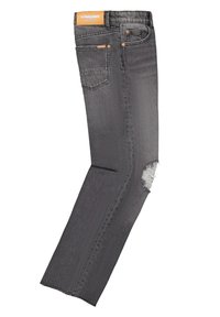 Mörkgrå denimjeans med slitna knän, femficksdesign och orange märkesetikett på midjan. Slät textur, avsmalnande ben.