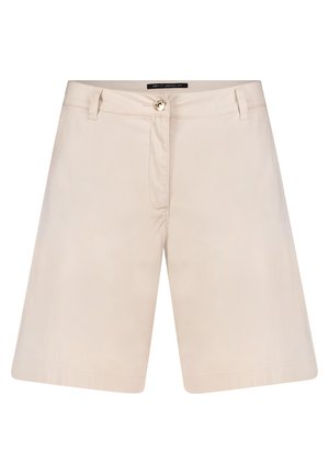 Beige knælange skræddersyede shorts med bæltestropper, knaplukning og diskrete syninger foran.