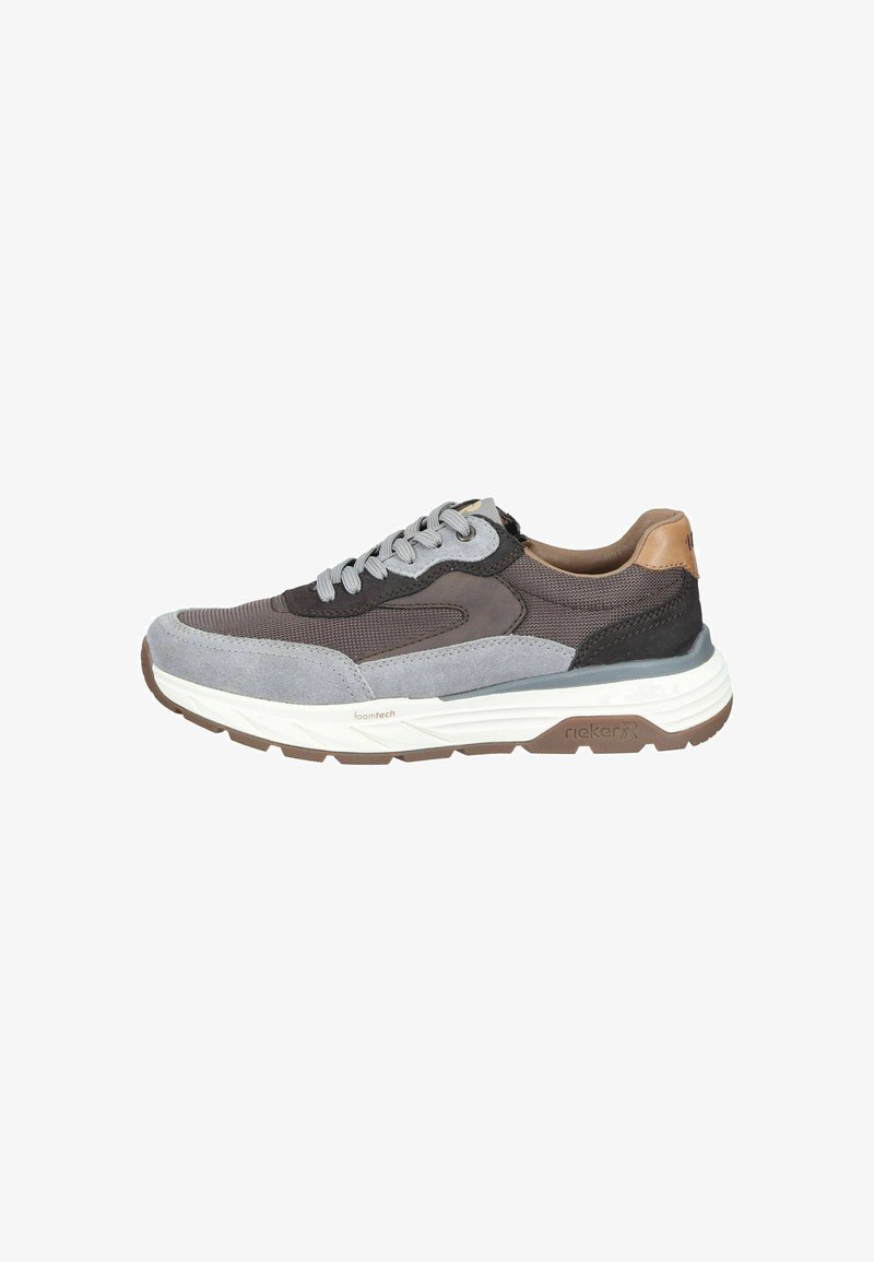 Casual lace-up sneaker in gray, black, and brown with mesh and suede panels, white sole, and cushioned midsole.