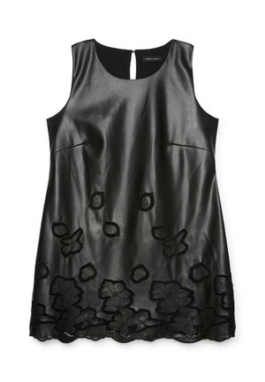 Robe sans manches en cuir noir avec col rond, fermeture boutonnée au dos, et détails en dentelle florale découpée le long de l'ourlet et du bas devant.