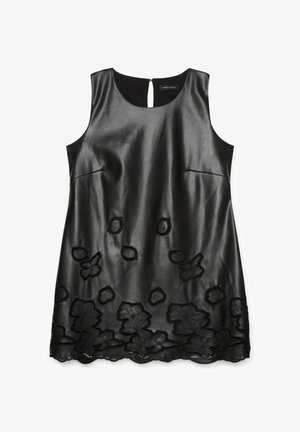 Robe sans manches en cuir noir avec col rond, fermeture boutonnée au dos, et détails en dentelle florale découpée le long de l'ourlet et du bas devant.