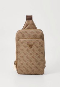 Brown patterned backpack with a textured finish, featuring a central logo, a top handle, and a zippered compartment.