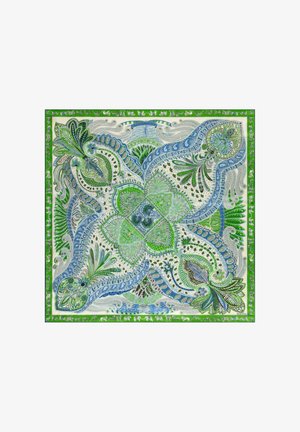 Grünes und blaues Blumen- und Paisley-Muster mit symmetrisch geschwungenen Blättern und Blütenblättern auf einem quadratischen Stoff mit grünem Rand.