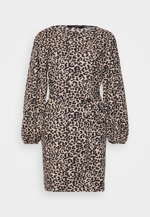 Leopard-print dress with long puffed sleeves, cinched waist, and tie detail. Made from a soft fabric with a beige and black color scheme.