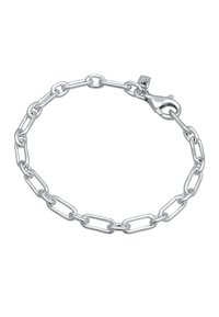 Bracelet en chaîne en argent avec des maillons allongés et un fermoir en forme de homard. Texture lisse avec une finition polie.