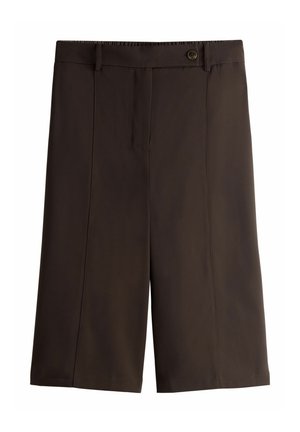 Hnědé kraťasy s volným střihem, se zapínáním na knoflík, s nariaseným předním dílem a bočními kapsami. Vyrobené z lehké látky s hladkým povrchem.