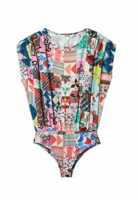 Body colorato in patchwork con maniche corte, vita elastica e una combinazione di motivi floreali, geometrici e a quadri in vari colori.
