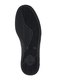 Sole di scarpa in gomma nera con motivo a spina di pesce. Presenta un logo al centro e piccoli accenti circolari vicino ai bordi.