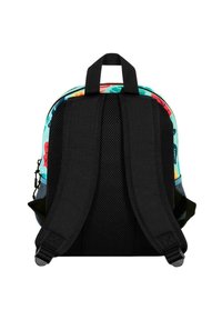 Mochila con un diseño floral en colores vibrantes. Fabricada en tela con correas de malla negra, presenta un asa superior para llevar y correas ajustables.