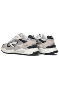 Running shoes featuring a blend of light gray suede and mesh, black accents, thick white midsole, and textured black rubber outsole.
