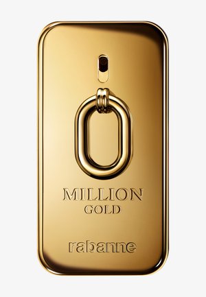 Glossy gold rectangular perfume bottle with rounded edges, large oval ring at center, and text "Million Gold" and "rabanne" on front.