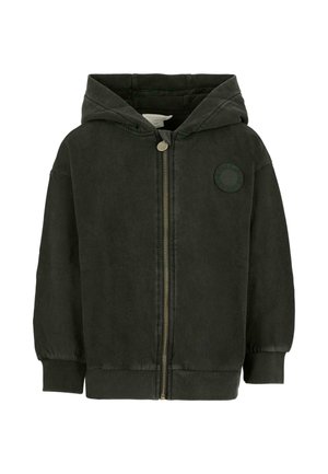 Felpa con cappuccio verde scuro realizzata in tessuto morbido, dotata di chiusura con zip, polsini elasticizzati e un'etichetta rotonda con logo sul petto.