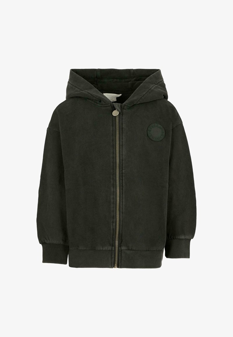 Felpa con cappuccio verde scuro realizzata in tessuto morbido, dotata di chiusura con zip, polsini elasticizzati e un'etichetta rotonda con logo sul petto.