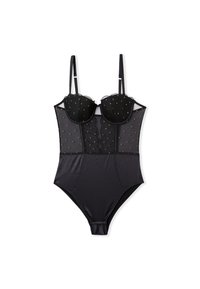 Schwarzer Bodysuit mit gepolsterten Cups, durchsichtigen Mesh-Einsätzen und kleinen, mehrfarbigen Punkten. Verstellbare Träger und eine taillierte Silhouette.