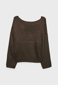 Pull en tricot marron avec un large encolure ronde, manches longues, et poignets et ourlet côtelés. Texture lisse avec une coupe décontractée.