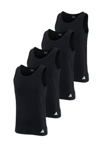 Czarne topy na ramiączkach z okrągłym dekoltem, bez rękawów, wykonane z miękkiego materiału, z białym logo w dolnym lewym rogu. Zestaw czterech sztuk.