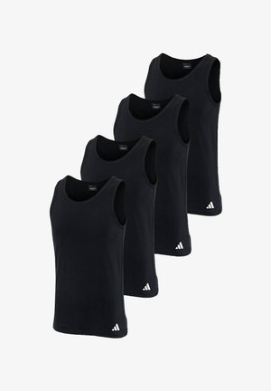 Canotte nere con scollo rotondo, design senza maniche, realizzate in tessuto morbido, con un logo bianco nell'angolo inferiore sinistro. Set di quattro.