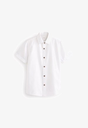 Camicia bianca a maniche corte con bottoni marroni e colletto classico, mostrata su sfondo bianco.