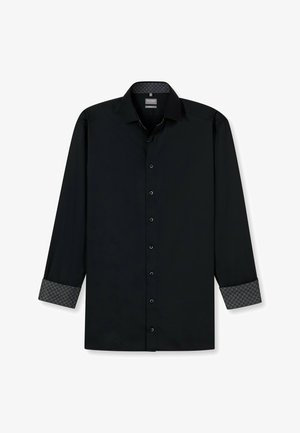 Schwarzes Langarmhemd mit durchgehender Knopfleiste und gemusterten Manschetten mit blauen Akzenten. Glatte Textur und taillierte Passform.