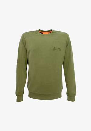 Felpa verde oliva in morbido materiale, con collo a giro, maniche lunghe, logo in rilievo sul petto e polsini e orlo a coste.