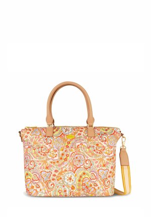 Stoffhandtasche mit floralem Paisleymuster in Pink, Orange und Grün. Verfügt über beige Ledergriffe und einen verstellbaren Riemen. Mit Reißverschluss.